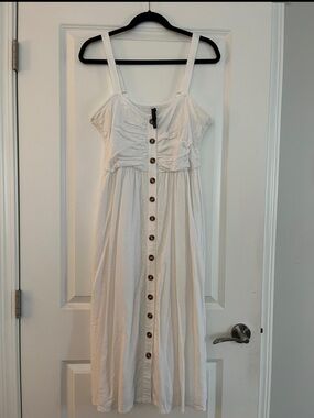 Turquoise Couture White Button-Front Linen Midi Dress